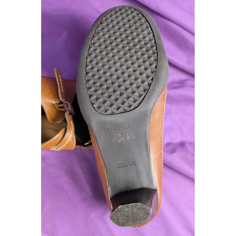 Vintage Aerosoles Leather Peep Toe Pump Heels Mustard Brown Buckle Brazilian 8.5